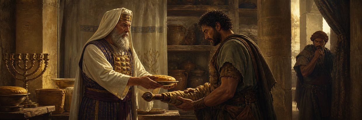 The priest Ahimelech giving bread and a wrapped sword to weary David